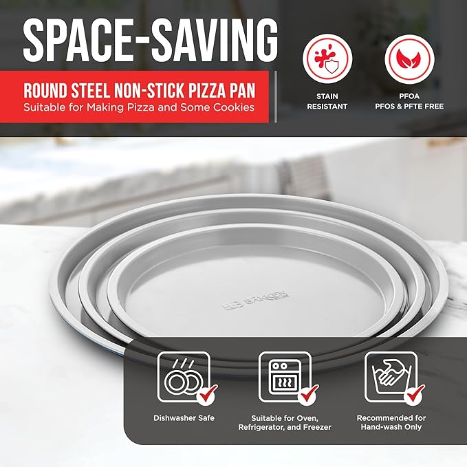 Bakken Swiss Pizza Tray Set 3-Piece – Gray Ceramic Coating, Non-Stick, Round Steel Pizza Pans - Dishwasher Safe, Premium Bakeware for Home Cooking Heatly coating