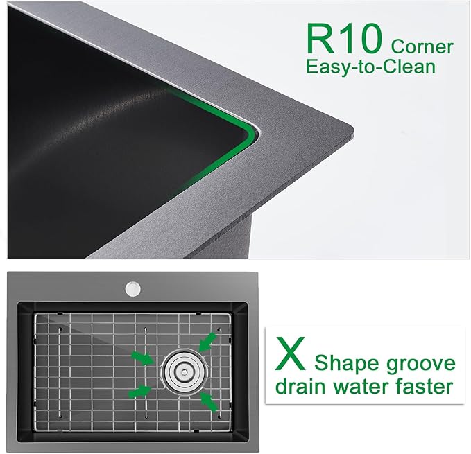 25x18x9 Inch Kitchen Sink, Handmade 304 Black Stainless Steel Single Bowl, Centre-Offset Drain, R10 Tight Corner, Drop in Kitchen Sink with Strainer & Bottom Grid