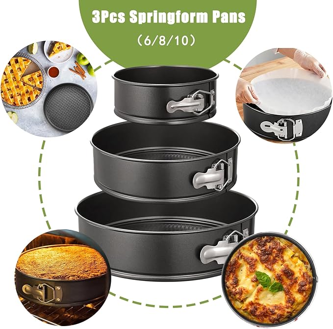 168pcs Cake Pan Sets for Baking + Cake Decorating Supplies: 3 Non-Stick Springform Pans Set (6, 8, 10 inches), Icing Tips – Multi-functional Leak-Proof CheeseCake Pan