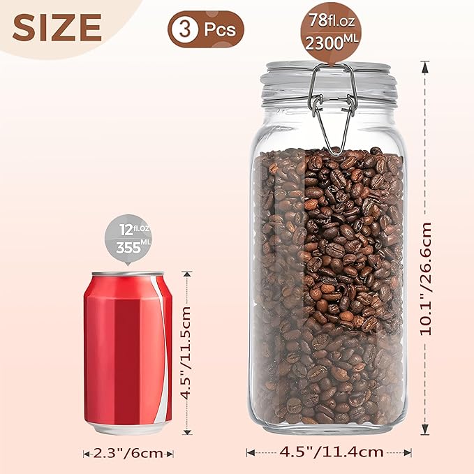 Airtight Glass Canister with Lids 78oz Food Storage Jar Square - Storage Container with Clear Preserving Seal Wire Clip Fastening for Kitchen Canning Flour, Cereal, Pasta, Sugar, Beans