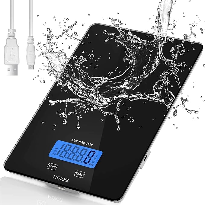 KOIOS Food Scale, 33lb/15kg Digital Kitchen Scale Weight in Grams and Ounces for Cooking Baking, 1g/0.1oz Precise Graduation, Batteries and Type-C Charging, Tare Function, LCD Display, Black