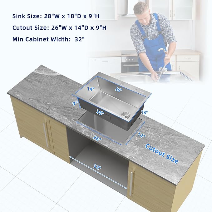 Kitchen Sink 28x18 Topmount Single Bowl Drop-in Sinks 304 Stainless Steel Handmade Home Bar Outdoor RV Sinks Brushed
