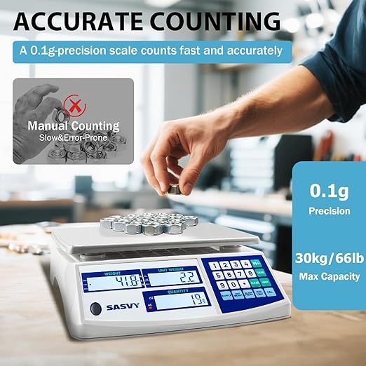 Counting Scale (66lb/30kg, 0.1g) lb/oz/kg/g Industrial Digital Inventory Scale with Battery for Small Parts, Coins, Pieces, Tickets