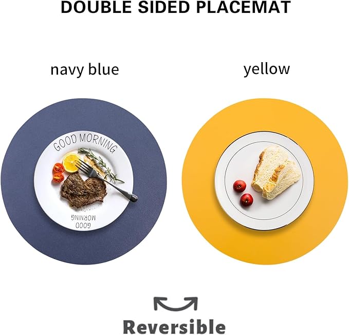 Faux Leather Placemats Set of 6 Reversible,Round PU Placemat for Dining Table,Waterproof Table Mats Heat Resistant Wipeable Anti Slip Washable,Modern Table Protectors(Navy Blue and Yellow)