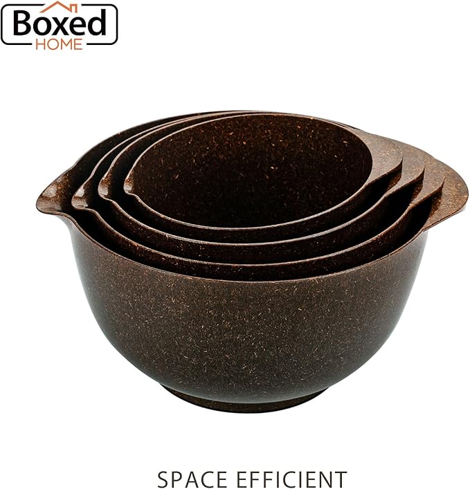 BoxedHome 4 Quart Large Plastic Mixing Bowls, Microwave Safe Mixing Bowl Set with Pour Spout, Nesting Bowls for Space Saving Storage(coffee)