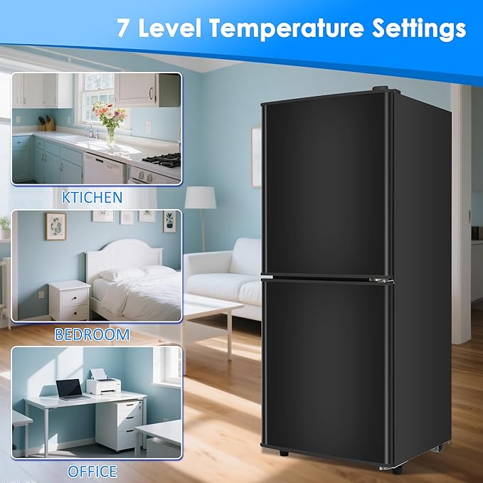 Compact Refrigerator with Freezer 4.2 Cu. Ft. 2-Door Dorm Fridge with Adjustable 7-Level Thermostat, Small Refrigerator with Freezer for Home, RV, College Dorm, Apartment, Office, Black