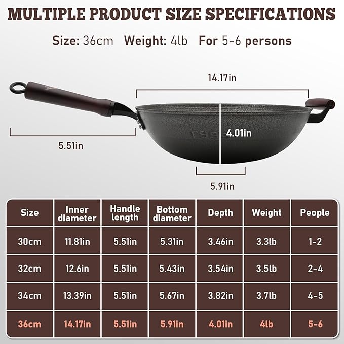 HONGJIANG Cast Iron Wok Pan, 14.2" Pre-Seasoned Flat Bottom Wok,Coating-Free Wok Stir Fry Pan With Glass Lid,Compatible Traditional Chinese Wok For Induction, Electric, Gas,Open Fire