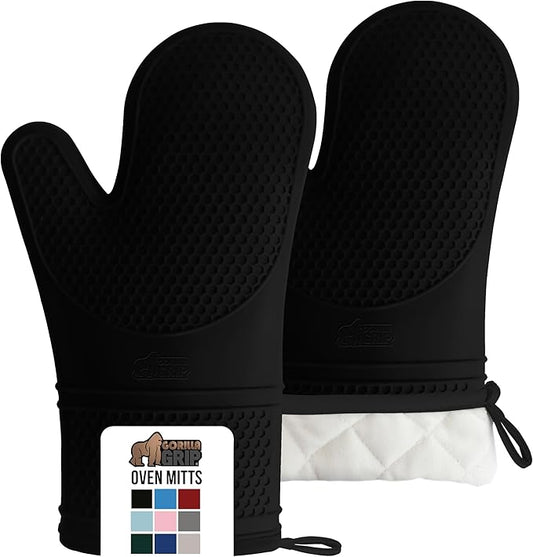 GORILLA GRIP BPA-Free Soft Silicone Oven Mitts, Heat Resistant and Waterproof Cooking Gloves, Thick Cotton Lining, Flexible Gripping for Baking Grilling, Kitchen Potholders Set of 2, 12.5x8.3, Black