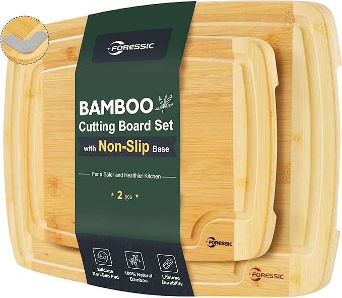 Bamboo Cutting Board Set Non Slip Feet Butcher Block 2-Pcs With Smooth Surface Knife-Friendly and Easy Storage For Kitchens Meal Prep & Serving Kitchen Gadgets