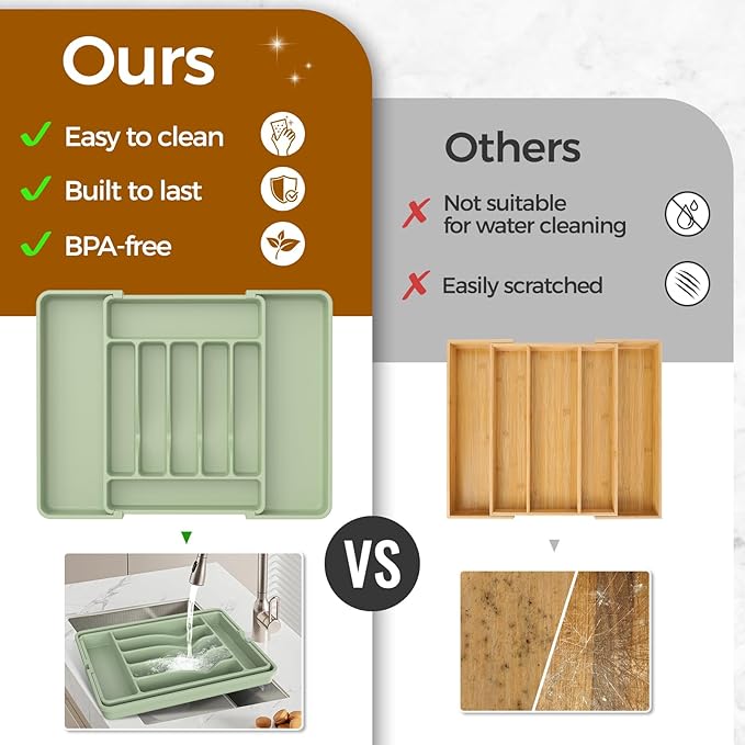 Extra Large Expandable Silverware Organizer, BPA-Free Food-Safe Cutlery Flatware Organizer, Kitchen Utensil Drawer Organizer, Adjustable Silverware Holder for Spoons Forks Knives, Green