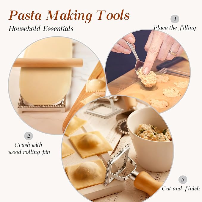 Geetery 5 Pcs Ravioli Mold Set 2.7 Inch Squares Ravioli Maker Cutter Include 1 Raviolis Maker Press 3 Pasta Cutter Stamp Makers 1 Wood Rolling Pin Pasta Making Tool for Home Kitchen Supplies (6 Holes)