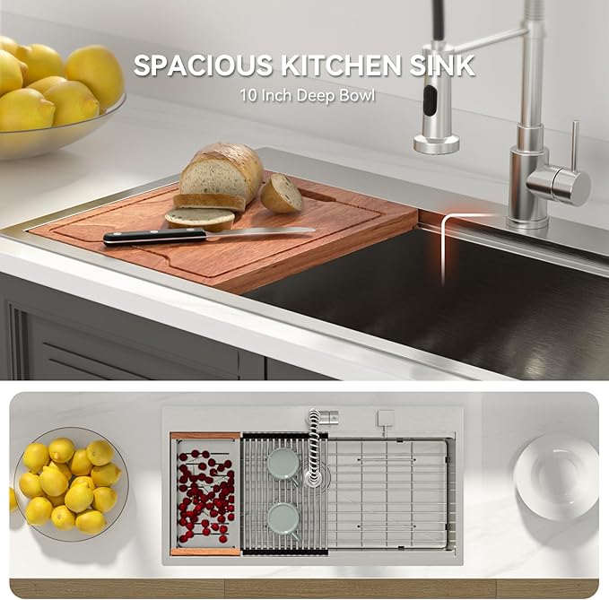 Lordear 36 Drop In Kitchen Sinks Worktation 16 Gauge Stainless Steel Single Bowl Ledge Worktation 36x19 Inch Topmount Overcounter Handmade Kitchen Sink Basin With Cutting Board