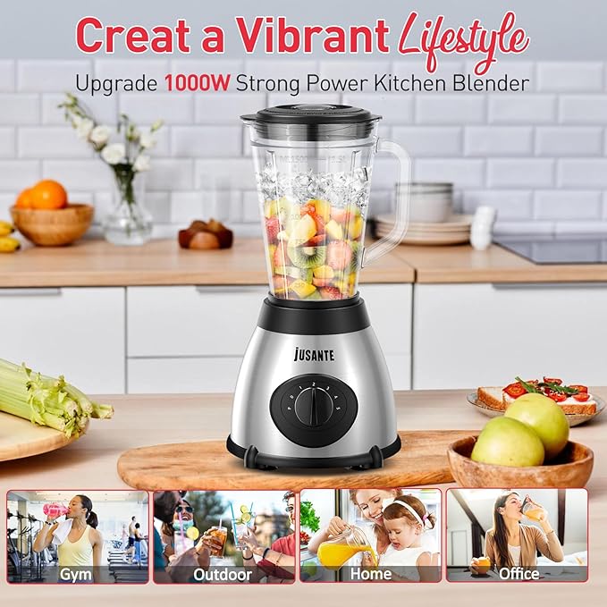 Blender for Smoothies, 1000W Glass Blender for Kitchen Countertop with 48oz Glass Jar Ice Crusher or Juice, Milkshake, Dessert