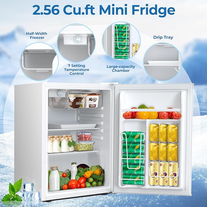 2.56 Cu.ft Compact Refrigerator with Reversible Single Door, WHITE