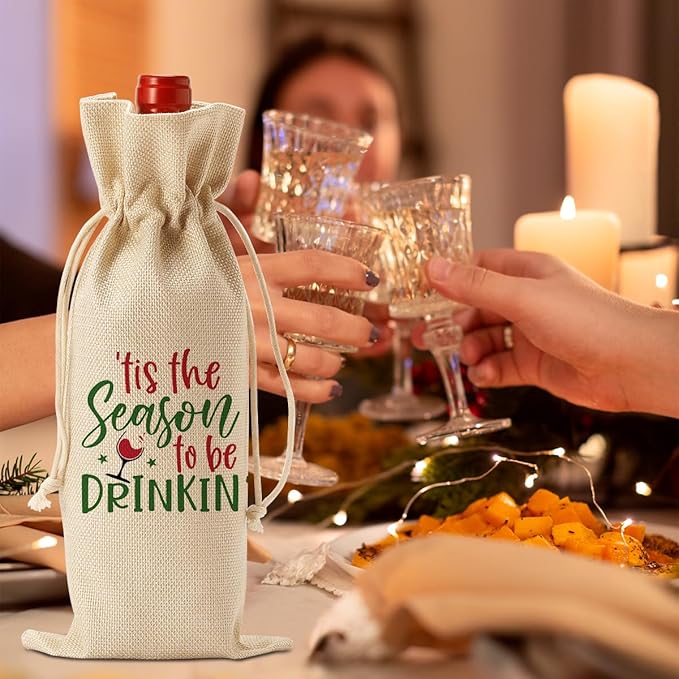 FBCCZEY Christmas Wine Bag Merry Christmas Wine Bottle Gift Bags With Drawstring Xmas Party Decorations Gifts for New Year Holiday Wedding Parties Tis The Season To Be Drinkin Bottle Wraps Bags
