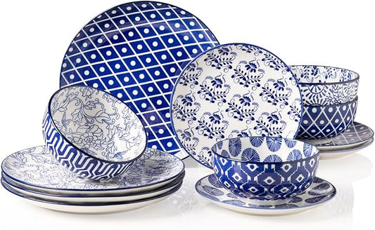 Sweejar Plates and Bowls Set for 4, 12 Pieces Handmade Ceramic Dinnerware Sets, Highly Scratch Resistant Dishes Set for Kitchen, Porcelain Dishwasher & Microwave Safe Dishes Set (Vintage Blue)