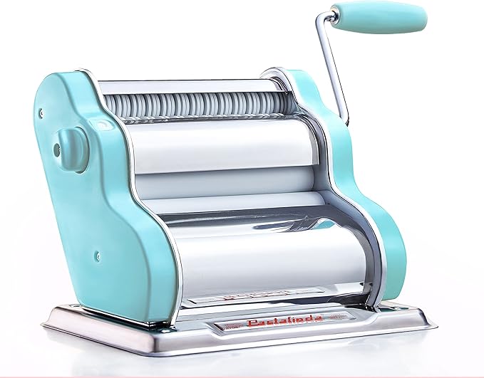 PASTALINDAClassic 200 Pasta Maker Machine, 20 cm Wide Rollers, 9 Thickness Positions, 2 Cutting Positions, Stainless Steel. Includes Reinforced Hand Crank And Two Clamps (Acqua)