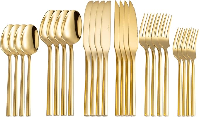 Gold Silverware Set with Steak Knives,Zerophilo Flatware Set with Hexagon Handle 24 Pieces 18/0 Stainless Steel Mirror Polished Cutlery Set for 4,Dishwasher Safe