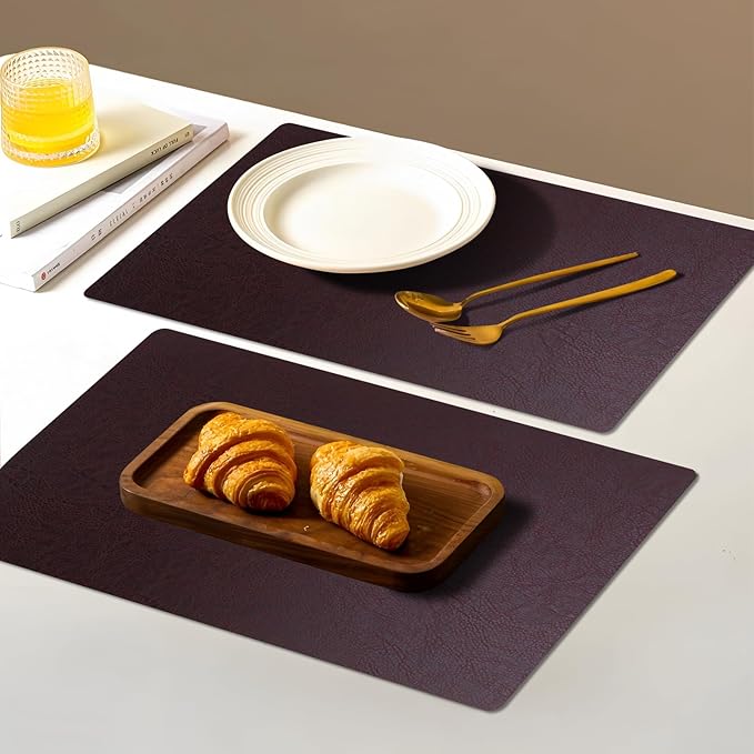 Vinyl Placemats Set of 6-12×17.7 Inch Waterproof & Heattable Placemats, Fall Faux Leather Wipeable Outdoor Table Mat for Dining, Kitchen, Indoor Outdoor Use (Coffee, Cowhide Grain)