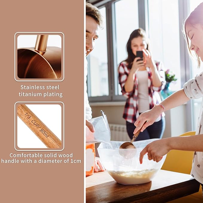 Measuring Cup with Wooden Handle, 1 Cup Titanium-plating 250ml Stainless Steel, Rose Gold