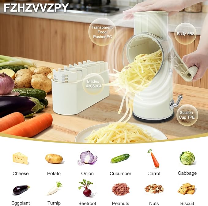 5 in 1 Cheese Grater with Rotary Hand Crank - Vegetable Chopper with Replaceable Stainless Blades, Strong Suction Base, Handle, Blade Storage Box, Easy-Clean Multipurpose Kitchen Slicer (White)