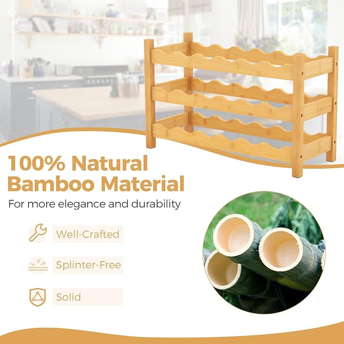 COSTWAY 3-Tier Bamboo Wine Rack, 18-Bottle Tabletop Wine Holder with Wave Slot, Freestanding Countertop Wine Bottle Organizer for Kitchen, Pantry, Pub & Wine Cellar, Natural