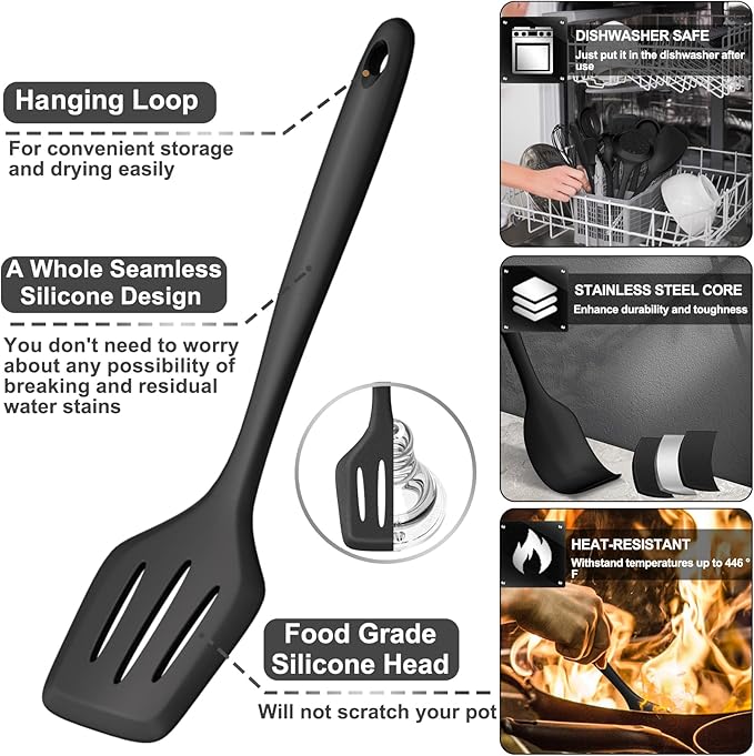 43 Pcs AIKKIL Kitchen Utensils Set, Heat Resistant Silicone Cooking Kitchen Utensils Set with Holder, Spoon, Spatula, Kitchen Gadgets Tools Set For Nonstick Cookware, Dishwasher(BPA Free, Black)