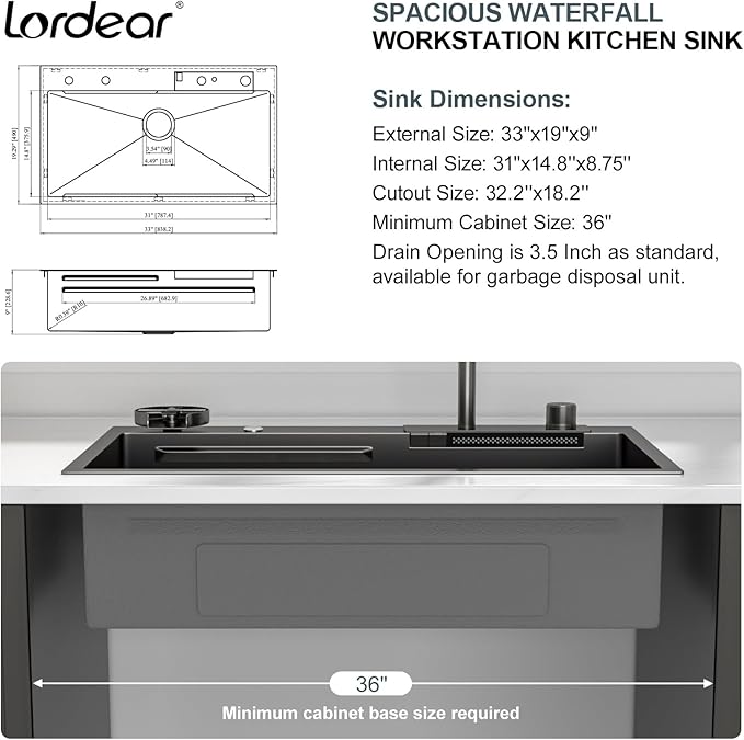 Lordear 33 Inch Black Smart Waterfall Drop In Kitchen Sink With Faucet 33x19 Inch Worktation Topmount Sink 16 Gauge Stainless Steel Single Bowl Ledge Kitchen Sinks Handmade