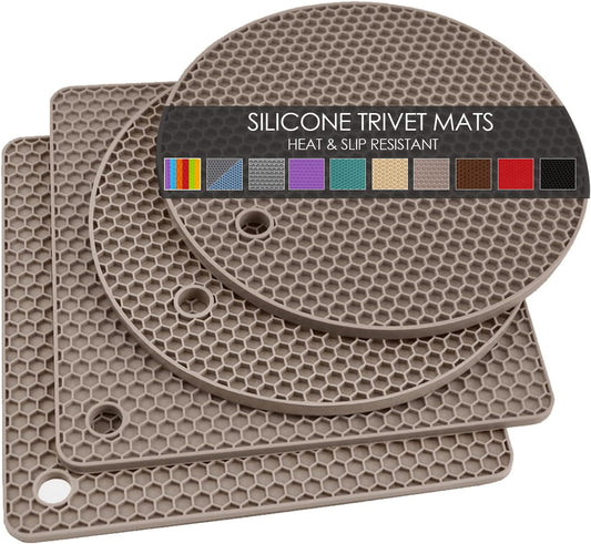 Silicone Trivets for Hot Dishes, 4 PCS Multipurpose Heat Resistant Mat Thick Silicone Hot Pads Pot Holders for Kitchen Counter, Flexible Jar Opener Food Grade Spoon Holder, Silicone Coasters (Almond)