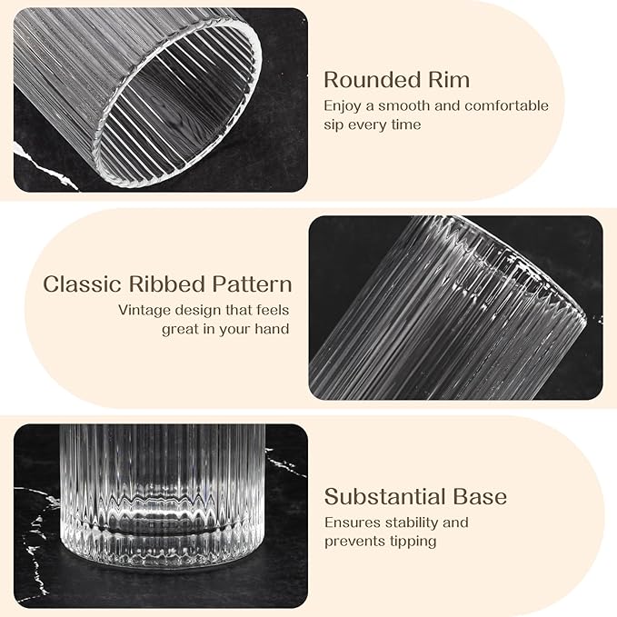 Set of 8 Vintage Ribbed Glassware,4 Highball Glasses 12 oz,4 Rocks Drinking Glasses 14 oz,Ribbed Cocktail Glass Cup,Used for Whiskey,Ice Coffee Cup,Juice,Smoothies,Mixed Drinkware