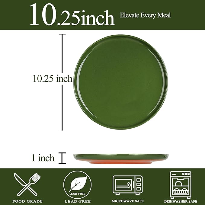 Stoneware Dinner Plates Set of 4, 10.25 Inch Plates for Steak, Pasta, Ceramic Plates Sets, Microwave Safe, Dishwasher Safe, Versatile for All Seasons, Forest Glaze Green