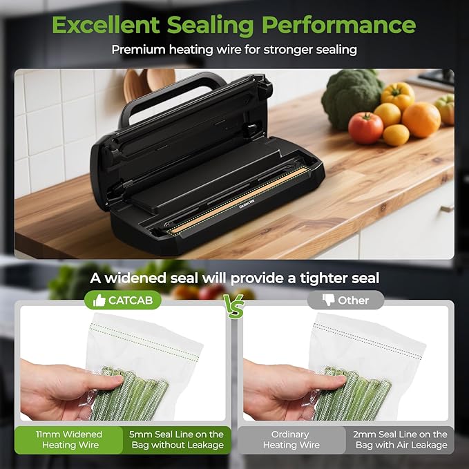 Vacuum Sealer for Food, 90kpa Powerful Automatic Food Sealer Vacuum Sealer for Dry/Moist, 6-in-1 Vacuum Sealer Machine for Food Saver, Easy Lock Handle | Removable Drip Tray | 10 Vacuum Bags