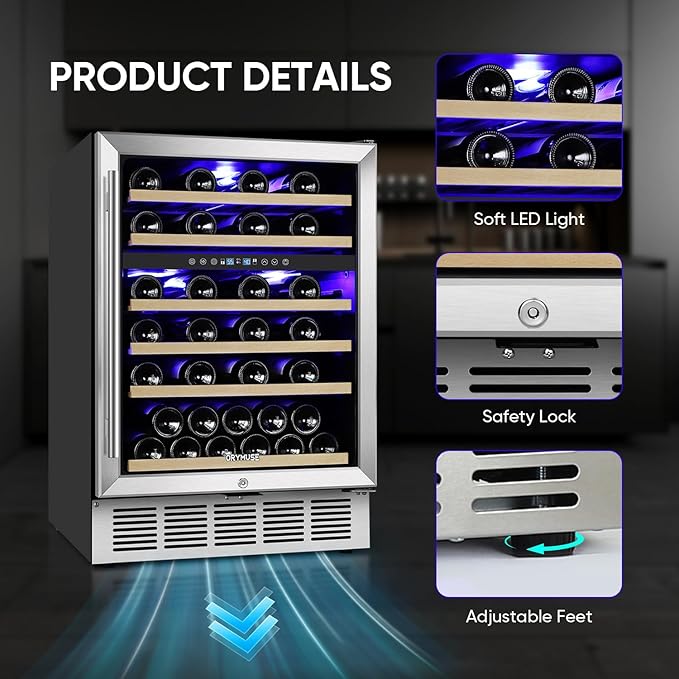 24 Inch Wine Cooler Refrigerator, 46 Bottle Dual Zone Wine Fridge with Stainless Steel Glass Door, Adjustable Shelves, Upgraded Compressor, Built-In Freestanding for Home, Bar, Kitchen