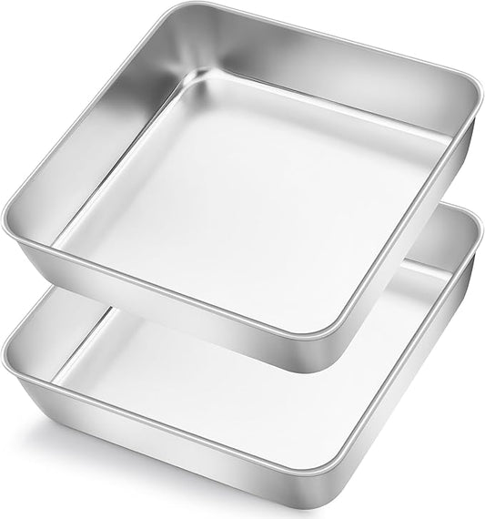 Herogo 8 x 8 Baking Pan Set of 2 for Oven, Stainless Steel Square Cake Pan for Lasagna Brownies Casseroles Cakes, Dishwasher Safe & Durable