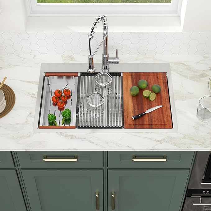 Logmey 33 Inch Double Bowl Kitchen Sink Drop In Kitchen Sinks Workstation 33x22x9 Inch 50/50 Stainless Steel 16 Gauge Handmade Topmount Sink