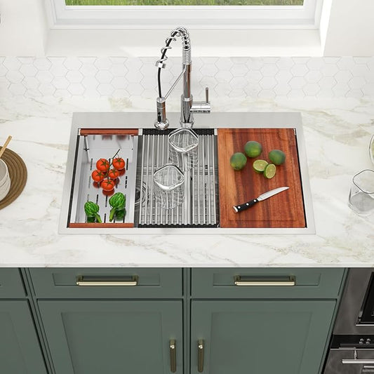 Logmey 33 Inch Double Bowl Kitchen Sink Drop In Kitchen Sinks Workstation 33x22x9 Inch 50/50 Stainless Steel 16 Gauge Handmade Topmount Sink