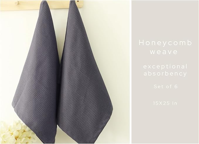 PurpleEssences Waffle Weave Kitchen Towel, 100% Cotton, 15x25 Inches, with Hanging Loop Ultra Soft Absorbent Quick Drying Dish Cloth, Tea and Hand Towels, 6 Pack - Christmas Holiday Winter - Dark Grey
