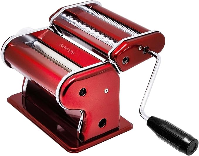 Fante's Red Pasta Machine With Double Pasta Cutter For Spaghetti And Fettuccine, For Rolling Uniform Pasta Sheets And Creating Consistent Homemade Noodles