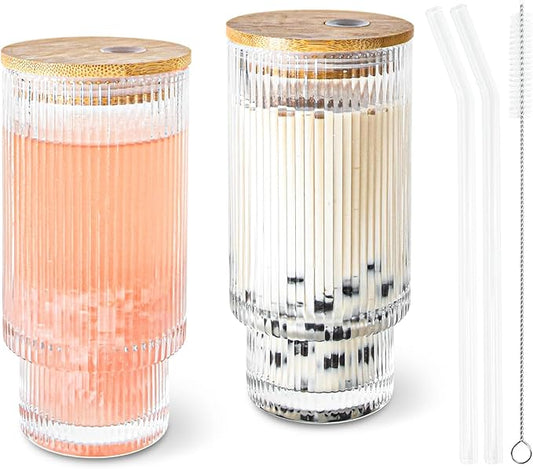 11oz Glass Tumbler with Straw and Lid Ribbed Vintage Iced Coffee Glasses for Tea Soda Cocktail Smoothie(Ribbed*2)