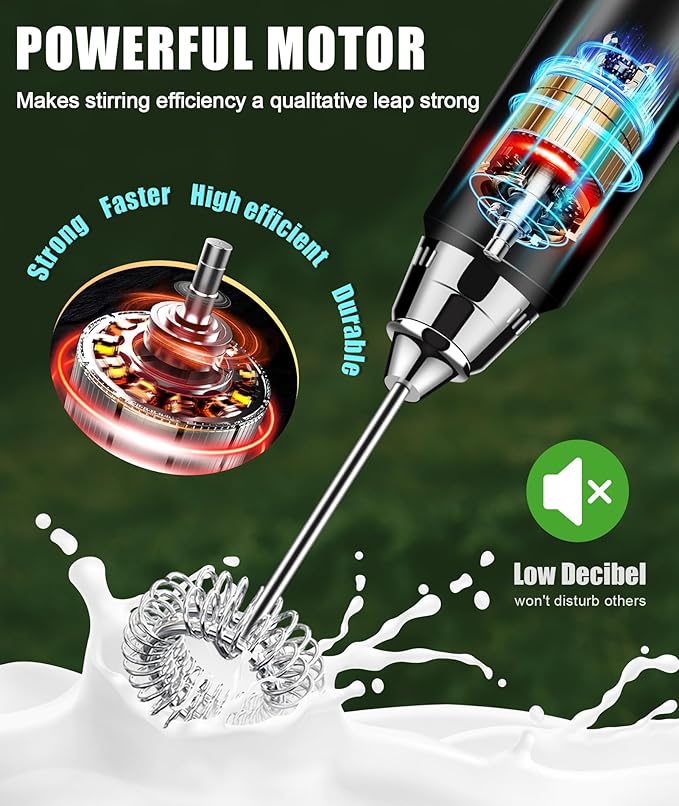 YUSWKO Rechargeable Milk Frother Handheld Frother Wand Drink Mixer for Coffee, Electric Whisk 3 Speed Adjustable, Coffee Foamer Maker with 3 Stainless Whisks Ideal Stirrers for Travel - White