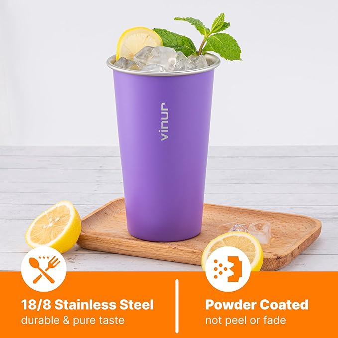 VINUR 4 Pack Stainless Steel Cups 20 oz Pint Tumbler Stackable Metal Drinking Glasses for Travel, Camping, Outdoors (Baby Blue-Navy-Teal-Purple)