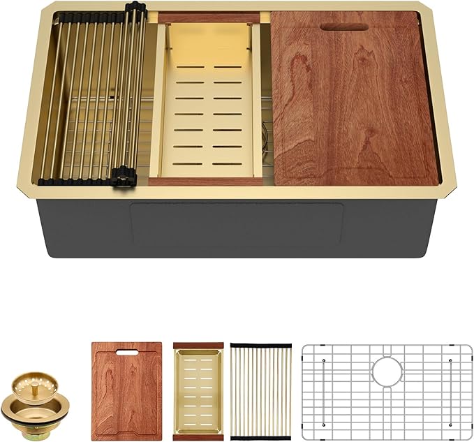 Lordear 28 Undermount Kitchen Sink Gold Stainless Steel 16 Gauge Under Counter Workstation Sink Single Bowl 304 Stainless Steel One Basin Handmade Sinks