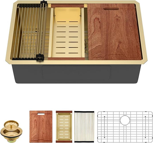 Lordear 28 Undermount Kitchen Sink Gold Stainless Steel 16 Gauge Under Counter Workstation Sink Single Bowl 304 Stainless Steel One Basin Handmade Sinks