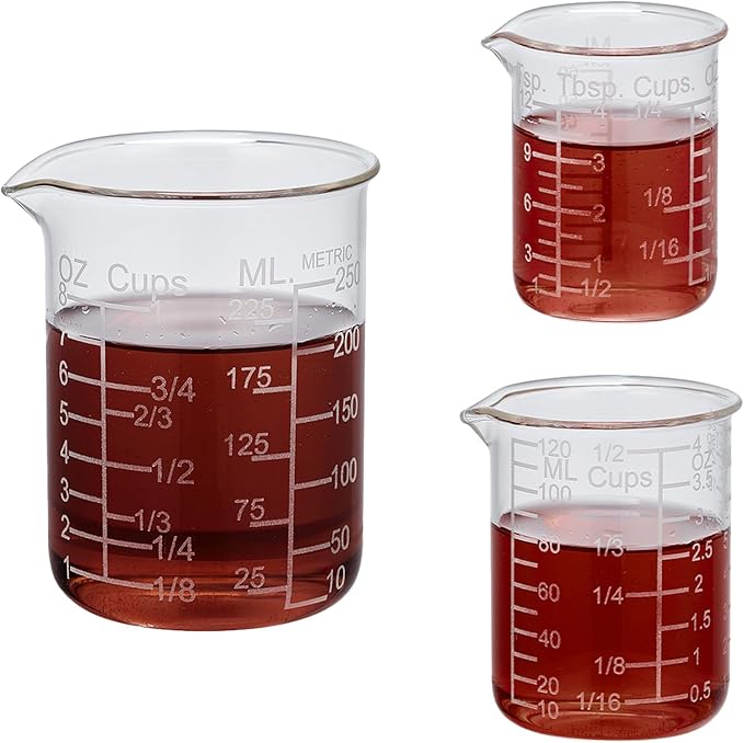 Ackers Etching Scale Glass Measuring Cup Set-V-Shaped Spout，Includes 60ml(2OZ), 120ml(4OZ), and 250ml(8OZ) Glass Measuring Beaker for Kitchen or Restaurant, Easy to Read