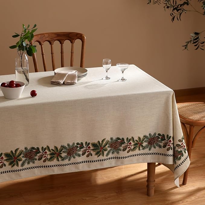 Christmas Rectangular Tablecloth,Linen Table Cloth with Leaves and Pinecones Pattern,Heavy Durable Table Cover for Dining Thanksgiving Kitchen Party Banquet Christmas,67"*118"
