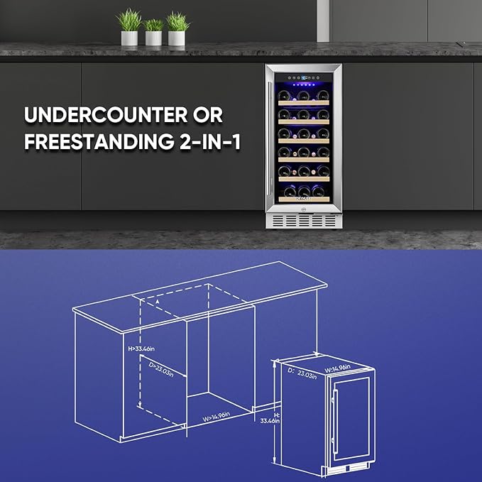 15 Inch Wine Cooler Under Counter, 30 Bottle Wine Fridge with Stainless Steel Glass Door, Built-In or Freestanding Wine Cellar with Removable Shelves and Digital Temperature Control