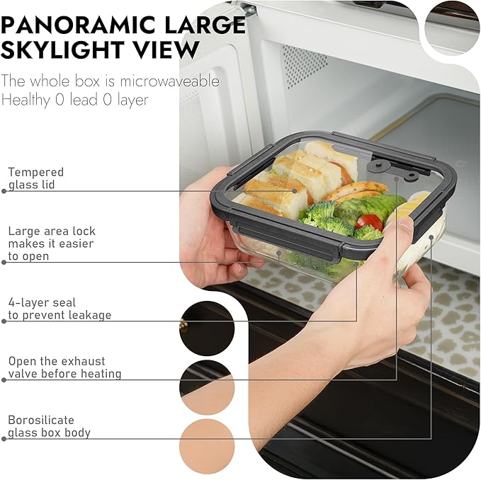 10-Pack Glass Food Storage Containers with Tempered Lids – Borosilicate, Airtight, Oven-Safe (-4°F~950°F), BPA-Free, 4.4 & 1.6 Cup, Leak-Proof, Dishwasher Safe (Gray)