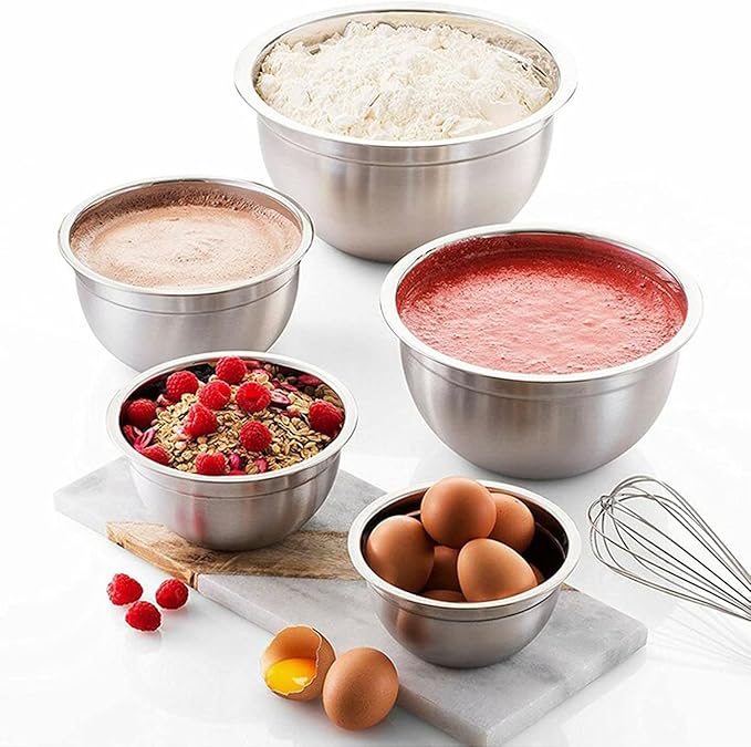 Vinod Cookware Heavy Duty Flat Bottom Stainless Steel Mixing Bowls with Lids, Measuring Cups, Measuring Spoons, Spatula & Stainless Whisk - Bowls for Meal Prep, Cooking, Mixing & Serving - Set of 5