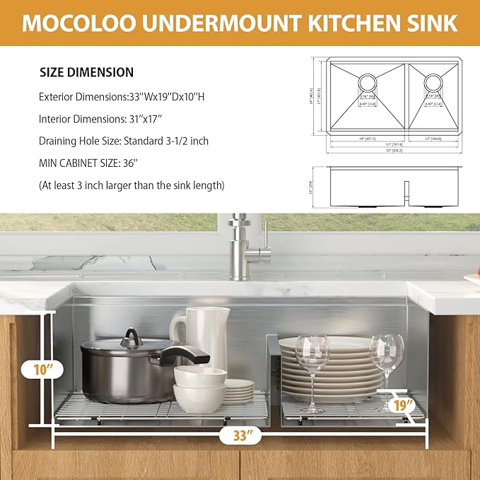 Mocoloo Double Bowl Kitchen Sinks - 60/40 Undermount Double Bowl 16 Gauge Low Divide Workstation 33 x 19 Inch Stainless Steel Kitchen Sink Handmade, 10'' Deep Basin