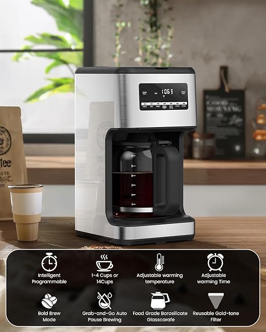 COWSAR 14-Cup Coffee Maker, 24-Hour Programmable Coffee Brewer, Keep Warm, Drip Free, Washable Filter, Stainless Steel, Silver